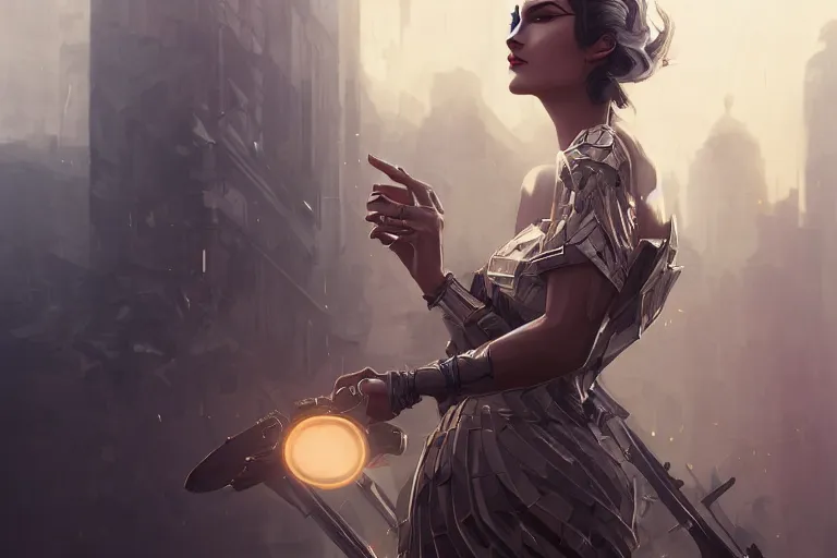 Image similar to photo of goddes of war in modern city, elegant, highly detailed, smooth, sharp focus, illustration, beautiful, geometric, trending on artstation, cinematic, artwork by WLOP