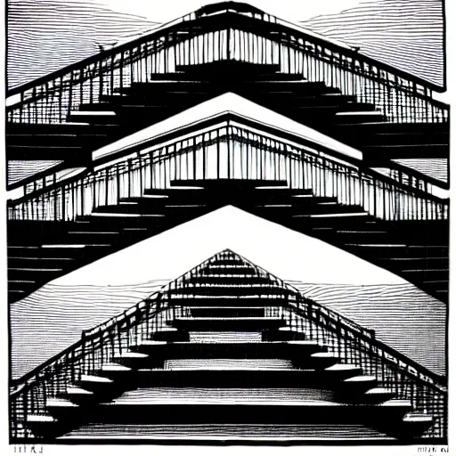 Prompt: optical illusion connected staircases, pen and ink, M.C.Escher, insanely detailed, 4K,