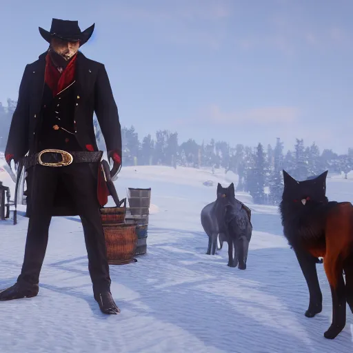 Image similar to anthropomorphic black fox, dressed as a rich man, in game screenshot of red dead redemption 2