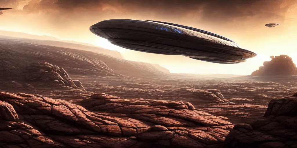 Image similar to giant tubular spaceship flying over rocky desert surface of planet, day, ultra high definition, ultra detailed, symmetry, god rays, sci - fi, dark fantasy, by paul chadeisson and denis villeneuve