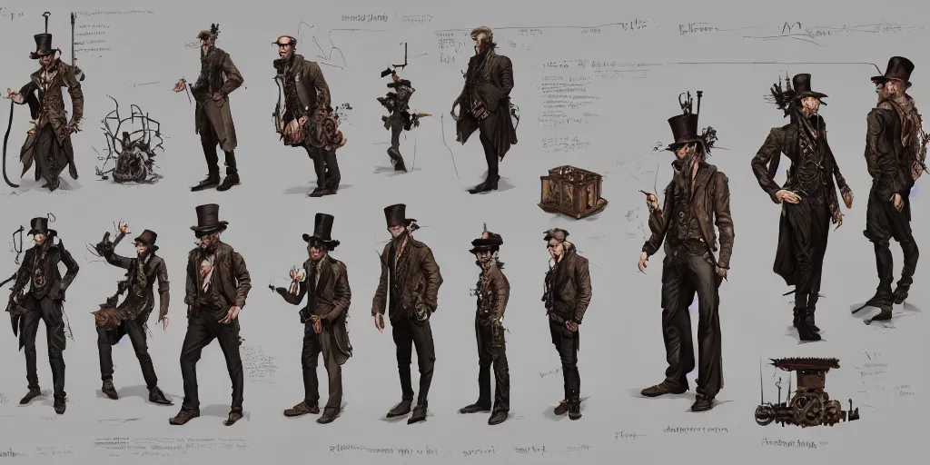 Image similar to steampunk Tom Waits design, character sheet, 3d render, Greg Rutkowski, Zabrocki, Karlkka, Jayison Devadas, Phuoc Quan, trending on Artstation, 8K, ultra wide angle, zenith view, pincushion lens effect