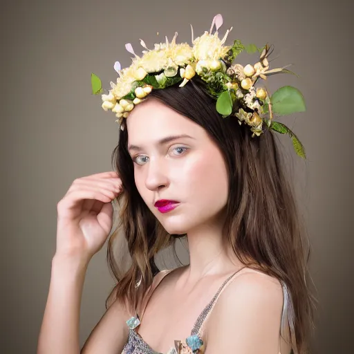 Image similar to portrait of a female with flower headpiece for photoshoot, photography