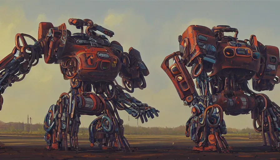 Prompt: an intricate oil painting of a giant scrap metal anime mecha with rounded components by simon stalenhag