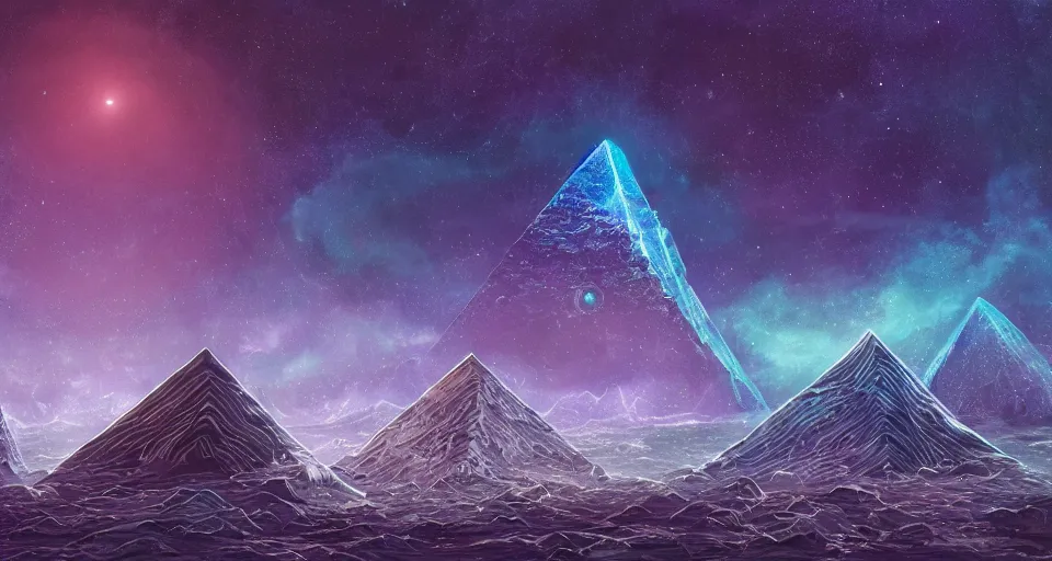 Prompt: black lovecraftian eldritch!! obsidian! pyramid!! surrounded by dark reflective sea, cosmic purple space!, bright stars, nebula, sky background by eugene von guerard, ivan shishkin, night, concept art, trending on artstation, 8 k