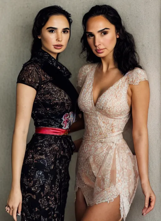 Image similar to portrait of demi rose and gal gadot wearing kebaya in jakarta, by charlotte grimm, natural light, detailed face, beautiful features, symmetrical, canon eos c 3 0 0, ƒ 1. 8, 3 5 mm, 8 k, medium - format print, half body shot