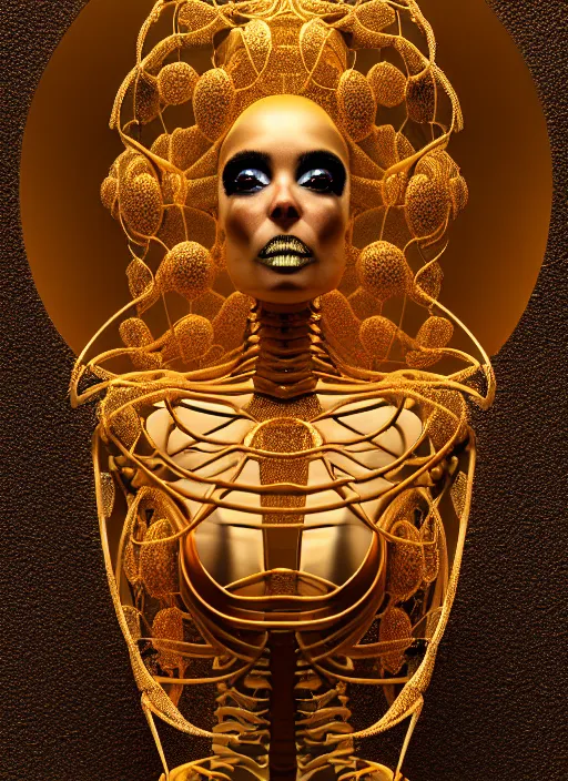 Prompt: portrait of an absurdly beautiful, graceful, sophisticated, fashionable futuristic female golden skeleton with sections of skin showing, glowing internal warm light, hyperdetailed illustration by irakli nadar and alexandre ferra, intricate linework, faberge, intricate gold headdress, dark atmosphere, unreal engine 5 highly rendered, global illumination, radiant light, detailed and intricate environment