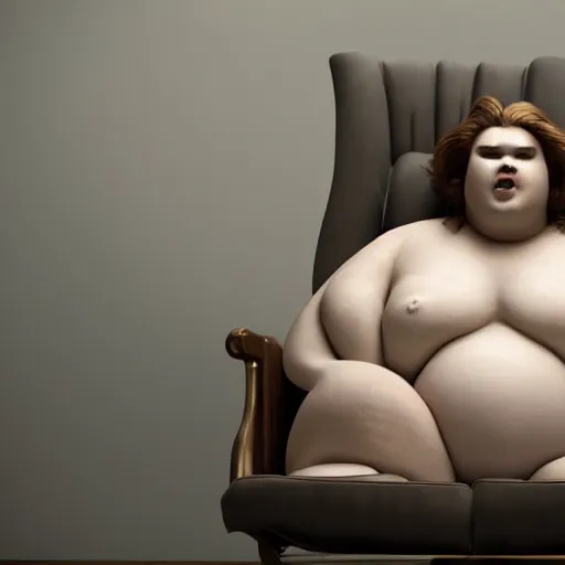 Prompt: the huge fat woman's head made of flour is on the fancy chair. medium shot. beautiful colors, great lighting. fantastic movie scene. subsurface scattering shiny skin. beautiful lighting, 4 k post - processing, trending in art station, cg society, highly detailed, 5 k extremely detailed, 3 d. cinematic scene. sharp image.