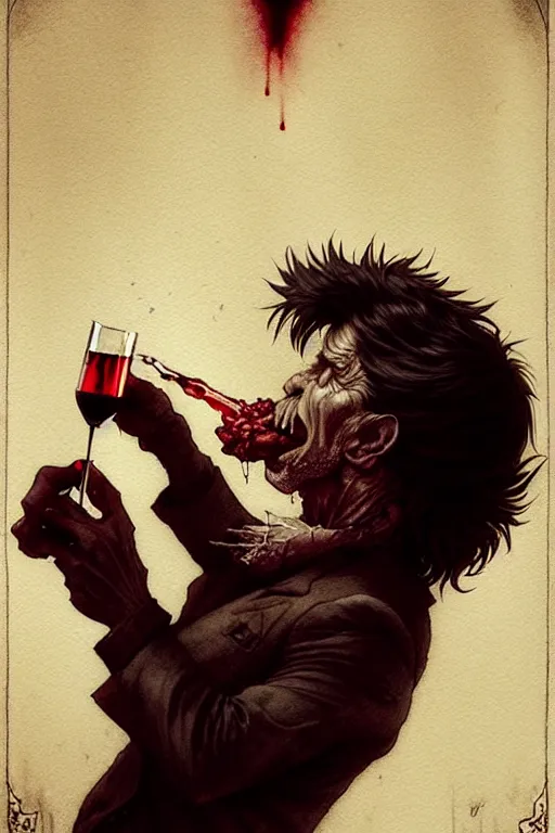 Image similar to old male vampire drinking red wine | esoteric symbolism | jean - baptiste monge, esao andrews, bastien lecouffe - deharme, tim jacobus, ken currie | ultra - detailed realism, soft cinematic lighting, hi - fructose, artstation, high - quality, ink watercolors wes anderson poster art