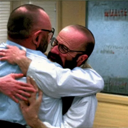 Image similar to Michael Ehrmantraut hugging walter white from behind wrestling breaking bad