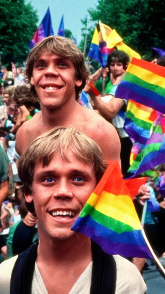 Image similar to rotj luke skywalker goes to pride, getty images, victorious, flags, parade, gay rights, bright smiles, daylight, twenty three year old luke skywalker at gay pride, 3 5 mm photography, very happy, smiling