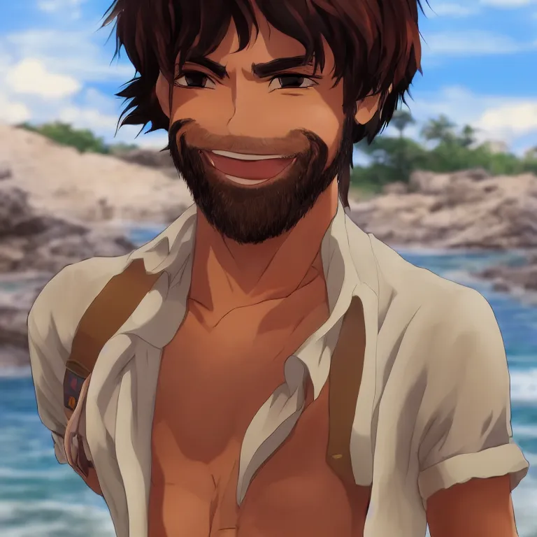 Image similar to Render of a very handsome 3d anime-style man, short hair, brown eyes, round face, cute smile, 5 o-clock shadow, open shirt, hairy chest, golden hour, serene beach setting, medium shot, mid-shot, highly detailed, trending on Artstation, Unreal Engine 4k