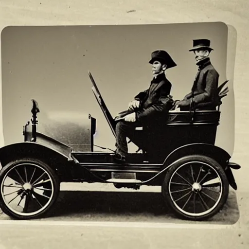 Prompt: dinos driving cars, victorian photo,