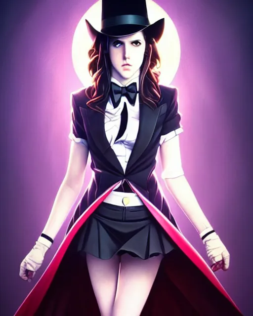 Prompt: ultra realistic, beautiful Anna Kendrick Zatanna DC Comics waist up floating, on stage, symmetrical face symmetrical eyes, smiling, modern anime, fantasy, eerie, intricate details, atmospheric, elegant, super highly detailed, professional digital painting, artstation, concept art, 8k, art by artgerm and eiichiro oda and koyoharu gotouge