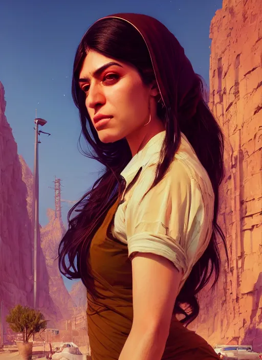 Prompt: highly detailed portrait of iranian woman in gta v, stephen bliss, unreal engine, fantasy art by greg rutkowski, loish, rhads, ferdinand knab, makoto shinkai and lois van baarle, ilya kuvshinov, rossdraws, tom bagshaw, global illumination, radiant light, detailed and intricate environment