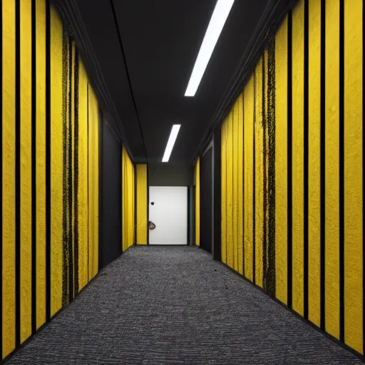 Prompt: a tall black skinny, intelligent and menacing monster is roaring from behind a wall in a cramped empty liminal office hallway with dull yellow wallpaper and old moist yellow carpet, tilted frame, intricate, fluorescent lighting lit from above, ultra 4 k, intricate, realistic