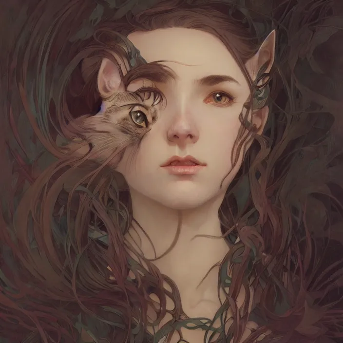 Prompt: A portrait of A cat girl by Ross Tran!!! and alphonse mucha and greg rutkowski! and gustav doré! and Zdzisław Beksiński!,In style of digital art illustration.Symmetry.Highly detailed face.Fantasy,smooth,hyper detailed,sharp focus,Soft light.trending on artstation.4k