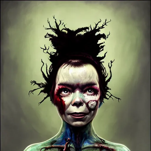 Image similar to color head portrait of bjork as a zombie, 7 days to die zombie, gritty background, fine art, award winning, intricate, elegant, sharp focus, cinematic lighting, digital painting, 8 k concept art, art by michael hussar, art by brom, art by guweiz and z. w. gu, 8 k