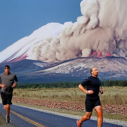 Image similar to a man in the foreground running with a terrified look on his face glancing behind him with mt st helens erupting behind him and ash is headed towards him