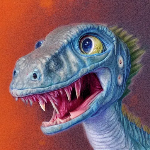Prompt: happy and cute face of baby velociraptor made by nebula space, face only, big smile, pencil drawing, pastel, smooth, by marc simonetti
