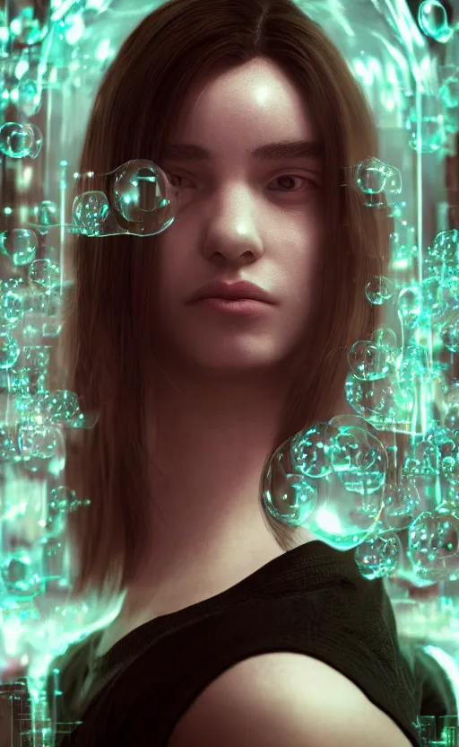 Image similar to biotech organic bubble portrait of a girl, cyberpunk, weird, octane render, hyper realistic reflections, graphic, hd, 8 k, vivid colors