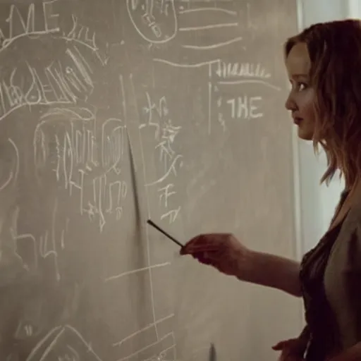 Prompt: the first still from the professor, directed by christopher nolan, shows jennifer lawrence at a chalkboard, 4 k