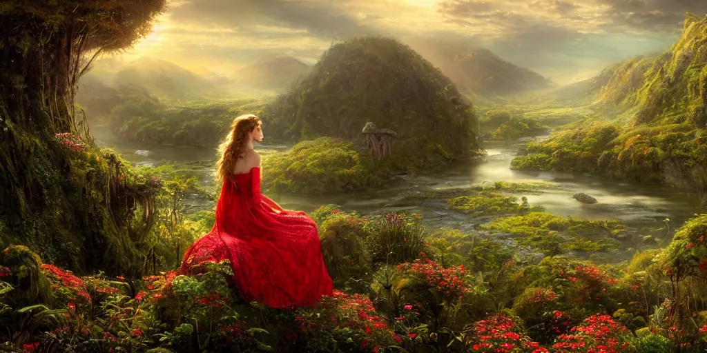 Image similar to an elegant fairy queen in a red lace dress sitting and looking out at a lord of the rings scenery landscape, vast lush valley flowers and giant mushroom structures, river, sunrise, god's rays highly detailed, vivid colour, soft clouds, floral sunset, cinematic lighting, perfect composition, 8 k, gustave dore, derek zabrocki, greg rutkowski, belsinski