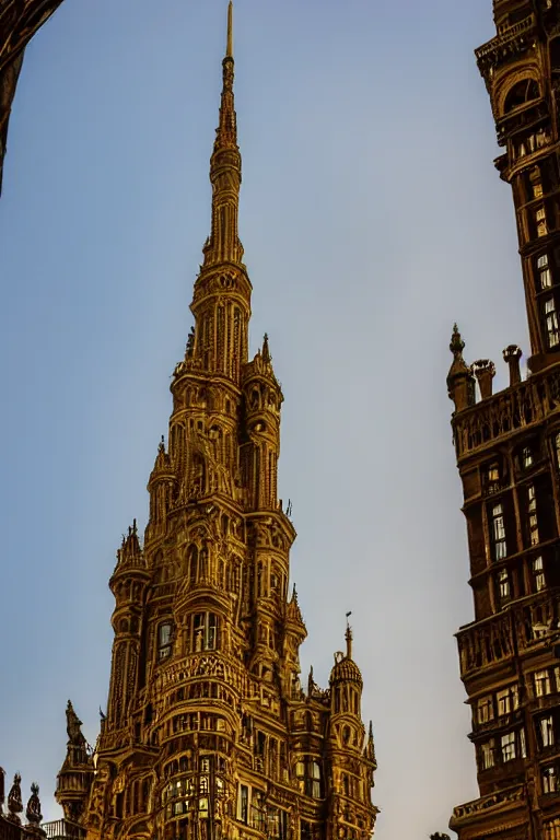 Prompt: full detailed intricate photo of worlds tallest building, castle clouds, elaborate mansion gothic detail, glass and steel, golden hour, misty atmosphere