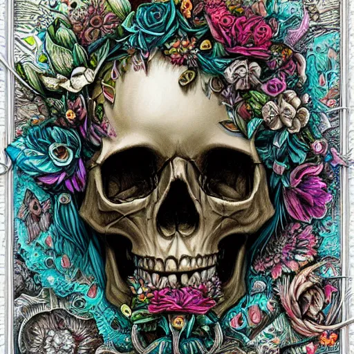 Image similar to a skull with floral accents by android jones