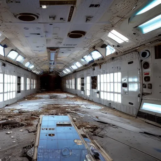 Prompt: the interior of an abandoned space station with windows into space