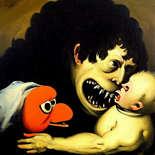 Image similar to a dramatic oil painting of Elmo devouring his son by Francisco Goya