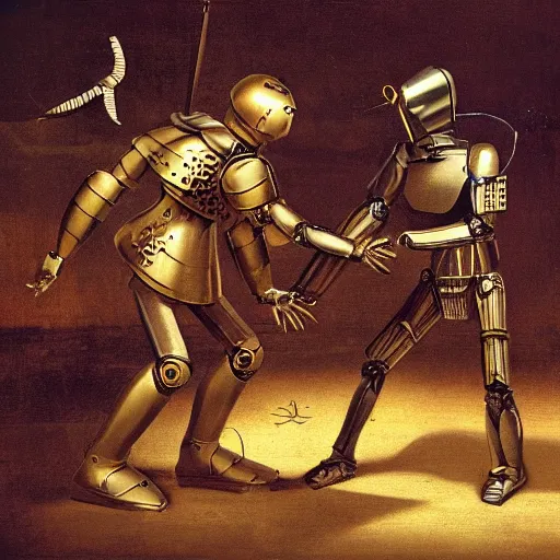 Prompt: da vinci's robot knight fighting a human knight on a battlefield