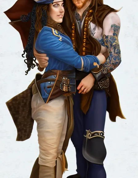 Prompt: couple in love. fully clothed armed female pirate captain, rachel wall, with a male pirate partner, sun, summer, blue eyes, beauty, wisdom, love, strength, knowledge, smart, portrait, symmetrical, highly detailed, digital painting, artstation, smooth, sharp focus, illustration, strength, art nouveau. 8 k