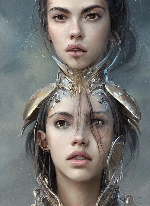 Image similar to a professional portrait of a beautiful young female, clothed in ethereal battle armor, olive skin, long dark hair, beautiful bone structure, symmetrical facial features, intricate, elegant, digital painting, concept art, smooth, sharp focus, finely detailed, illustration, from Valerian and the City of a Thousand Planets, in the style of Ruan Jia and Mandy Jurgens and Artgerm and Greg Rutkowski and William-Adolphe Bouguerea