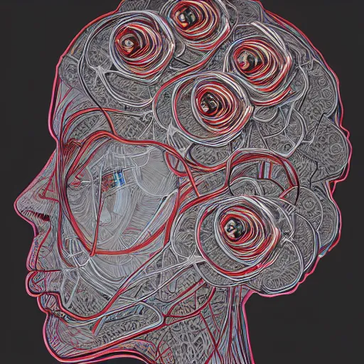 Prompt: the anatomy of a head of wires with electric chrome roses that resemble a beautiful woman, an ultrafine detailed illustration by james jean, intricate linework, bright colors, final fantasy, behance contest winner, symmetry, vanitas, angular, altermodern, unreal engine 5 highly rendered, global illumination, radiant light, detailed and intricate environment