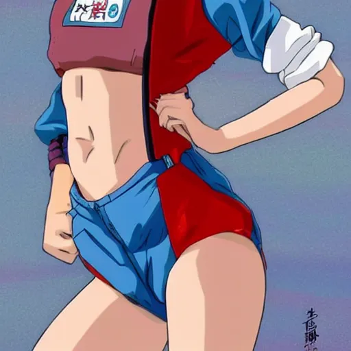 Image similar to a beautiful! boyish! natalie portman bulma from dragonball, alluring gravure! model, wearing hip hop mayan bomber jacket and leotard with native style overalls, bulky poofy bomber jacket with mayan patterns, guilty gear art style, trending on pixiv, painted by makoto shinkai takashi takeuchi studio ghibli, akihiko yoshida