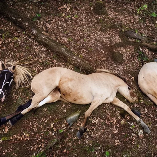 Prompt: two dead horses'body lying on the woods'path, and each horse body has some arrow on it, photo, 8 k