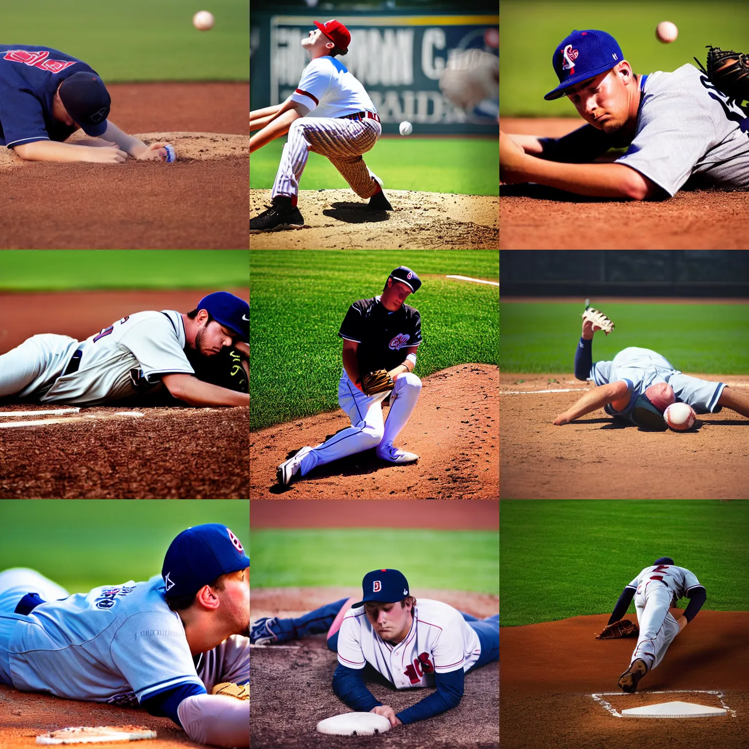 Prompt: closeup photograph of a baseball pitcher falling asleep at the mound, sports photography