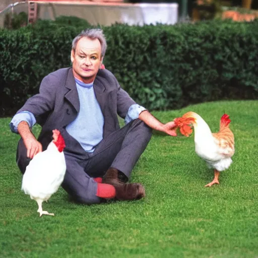 Prompt: bill murray is holding a sandwich and watching a cat play with a chicken.