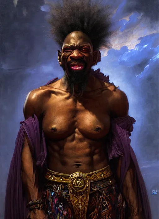 Image similar to african american wizard, full body, hyper realistic, extremely detailed, dnd character art portrait, dark fantasy art, intricate fantasy painting, dramatic lighting, vivid colors, deviantart, artstation, by edgar maxence and caravaggio and michael whelan and delacroix.