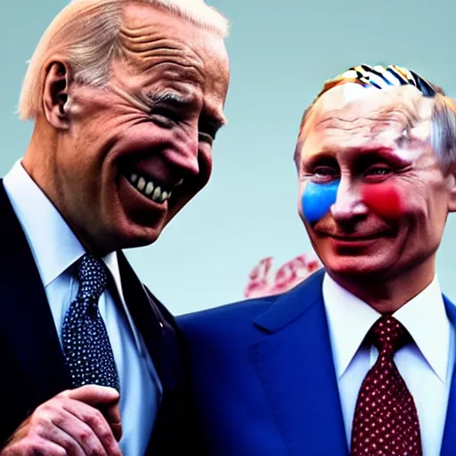 Prompt: clowns joe biden and jokers vladimir putin smiling wildly nuclear weapons in the background