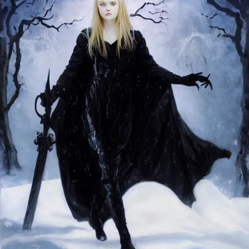 Image similar to ultra realistic portrait painting of elle fanning as a vampire wearing black cultist robes in the snow, art by frank frazetta, 4 k, ultra realistic, highly detailed, epic lighting