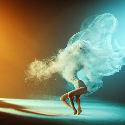 Prompt: manshaped swirling smoke beside woman dancing underwater wearing a flowing dress made of seaweed, school of tiny silver fish in the distant background, octane render, caustics lighting from sunlight above, cinematic
