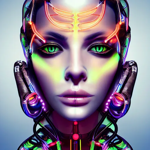Prompt: very beautiful woman, bionic pupils, full face frontal centered, portrait, detailed intricate symmetrical ornate neon cables connected to head, clear lips, luxurious long hair, sophisticated futuristic neon fractal wiring and implants, translucent, porcelain, fractal gravity, sci fi, dramatic lighting, photography, highly detailed, artstation, deviantart, 8 k, by chie yoshii