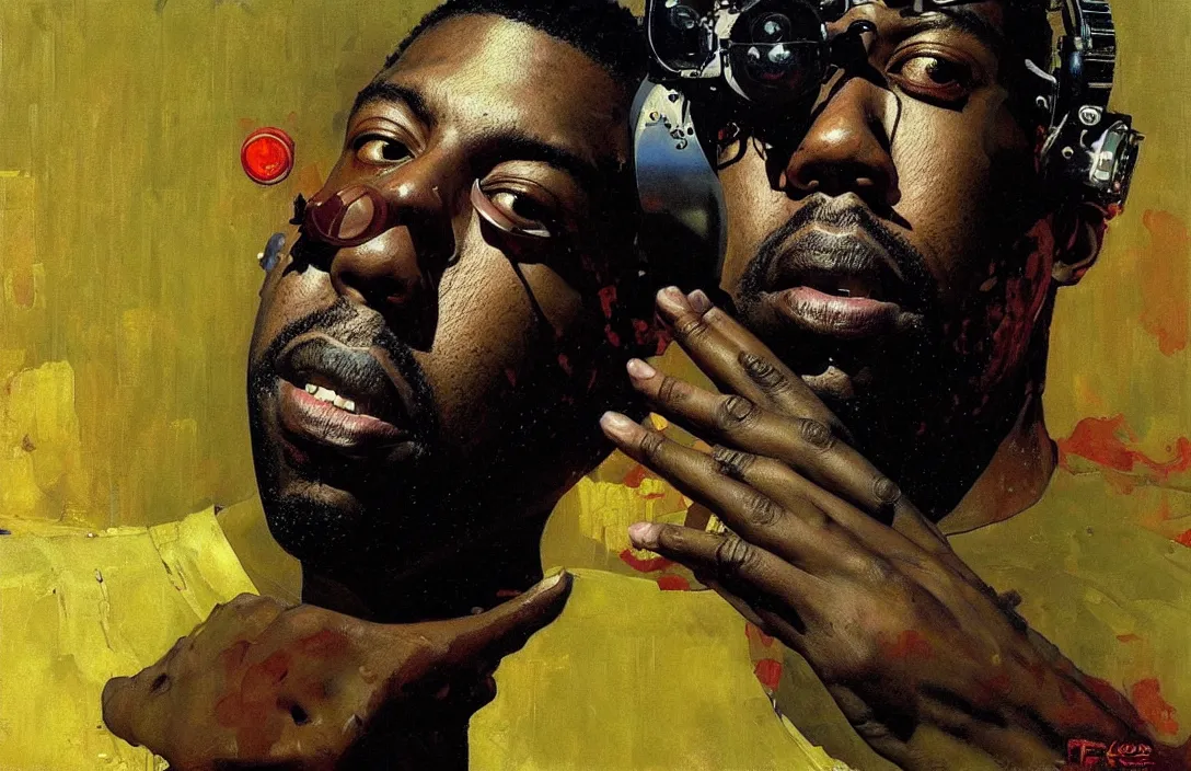 Image similar to portrait of flying lotus!!!!!!!!!!!!!!!!!!!!!!!!!!!, detailed face, detailed painting,, epic lighting, by ilya repin, phil hale and kent williams