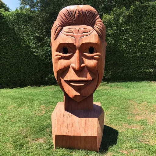 Prompt: wooden carved oversized elon mask statue photo 4k