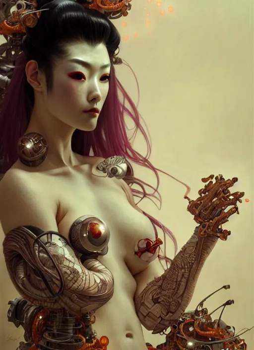 Prompt: organic cyborg, geisha, Yakuza, japanese, diffuse lighting, fantasy, intricate, elegant, highly detailed, lifelike, photorealistic, digital painting, artstation, illustration, concept art, smooth, sharp focus, art by John Collier and Albert Aublet and Krenz Cushart and Artem Demura and Alphonse Mucha