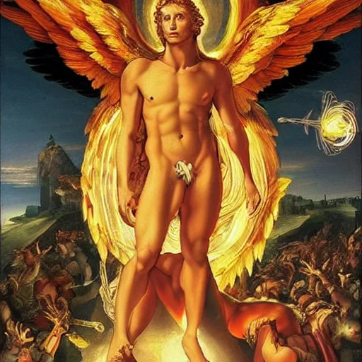 Image similar to Oil canvas of Lucifer, ruler of Inferno, capital sin of Pride, Superbia, natural blonde gold like hair, intricate sophisticated well rounded face, good bone structure, bright glowing eyes as LEDs and neon, lean body, porcelain looking skin, attractive and good looking, tall, invincible, poses triumphantly over Michael the archangel in Heaven, flaming sword, by Michelangelo, Caravaggio,Leonardo da Vinci, Raphael, Donatello and Sandro Botticelli, Dark Fantasy mixed with Socialist Realism, exquisite art, art-gem, dramatic representation, hyper-realistic, atmospheric scene, cinematic, trending on ArtStation, photoshopped, deep depth of field, intricate detail, finely detailed, small details, extra detail, attention to detail, detailed picture, symmetrical, 2D art, digital art, golden hour, oil painting, 8k, 4k, high resolution, unreal engine 5, octane render, arnold render, 3-point perspective, polished, complex, stunning, breathtaking, awe-inspiring, award-winning, ground breaking, concept art, nouveau painting masterpiece