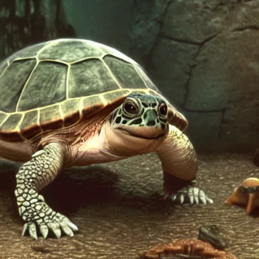 Image similar to a film still of anthropomorphic turtle ( from the bible ) in star wars 1 9 7 7, realistic, photorealistic, detailed,