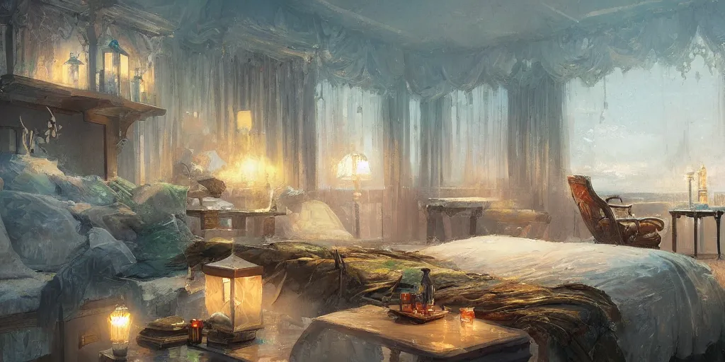 Prompt: a beautiful 5 star hotel room leading to a view of the beach, by greg rutkowski and thomas kinkade, trending on artstation