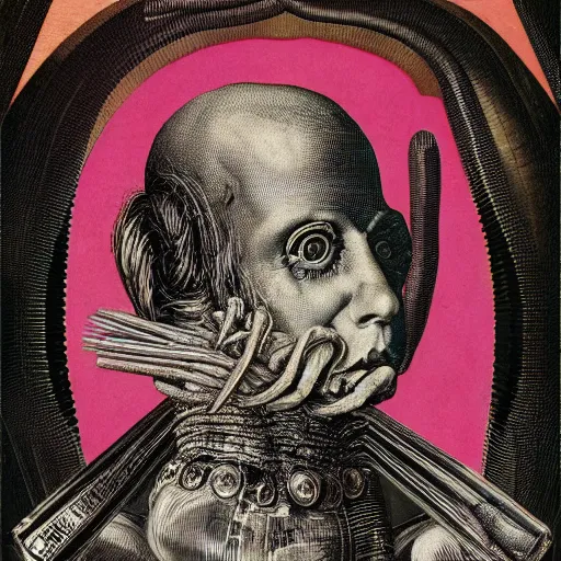 Image similar to post - punk album cover, asymmetrical design, off white frame around, dollar bank note, new age, apocalypse, psychedelic, black white pink, magic, giger h. r., giuseppe arcimboldo